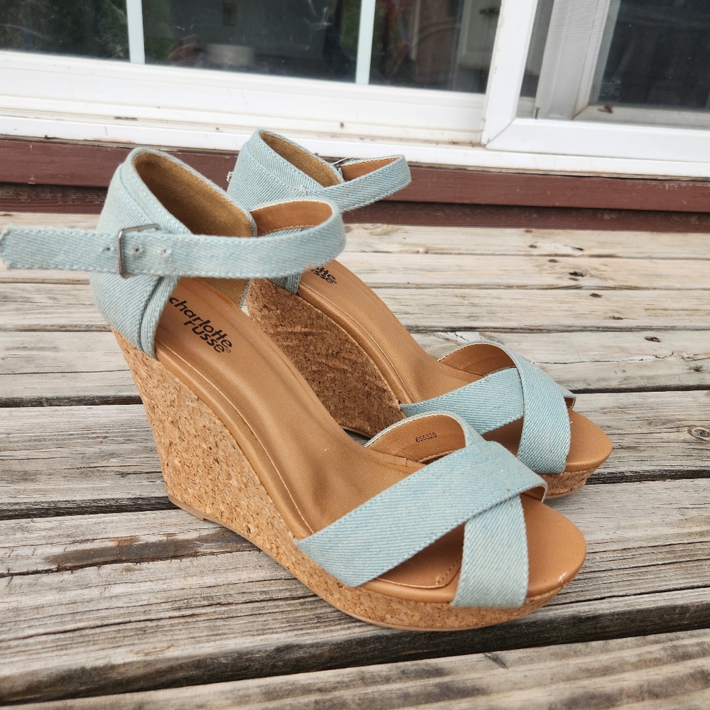 NWT Chambray Denim Wedge Heels Brown Cork Casual Cute Lena 8 Sorority